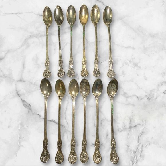 Vintage F.B. Rogers French Rose Iced Tea Spoons Silverplate Tarnished -Set Of 12 - Picture 1 of 8